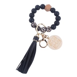 Phamines Silicone Wristlet Keychain Mother's Day Birthday Gift,Beaded Bracelet with Mama Tag,Keyring Key Holder Chains Bangle for Mom (Leopard)