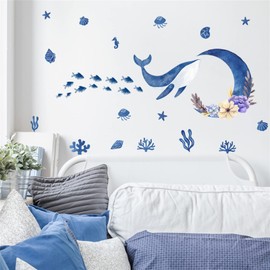 WOHAHA Wall Sticker, Sea, Stylish, Sea Life, Sea Fish, Seaweed, Seashells, Moonflower, Flowers, DIY Wallpaper Sticker, Removable, Stylish, Blue, Monotone, Wall Decor, Children's, Rooms, Beds, Living