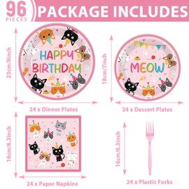 Yiaoyinnz 96PCS Cat Birthday Party Supplies Cats Themed Tableware Include 24 Dinner Plates 24 Desert Plates 24 Napkins 24 Forks Pink Kitten Bday Party Decorations Favors Serve 24 Guests