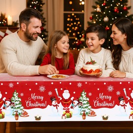3PCS Christmas Tablecloth, Winter Christmas Tree Snowflake Snowman and Santa Claus, Red Rectangular Plastic Table Cover for Party Picnic Dinner Decor 2025, 51.2X 86.6inch