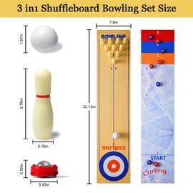 RAYNA GAMES 3 in 1Table Top Shuffleboard Curling Game Bowling Set, Portable Tabletop Set Includes 8 Rolling Mini Pucks,Mini Tabletop Game Foldable Family Game For Home School Travel