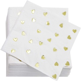 Juvale Engagement Napkins - 5 x 5 In Folded, 3-Ply, 50-Pack, Gold Foil Heart - Cocktail & Heart Engagement Party Napkins