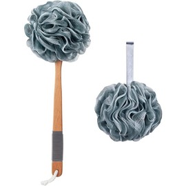 Shower Sponge Loofah Back Scrubber, PE Soft Mesh Loofah Body Scrubber with Long Wooden Handle, Bath Sponge for Men Women (Black) - Style: Pink