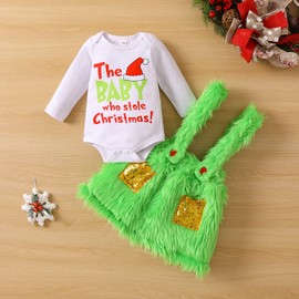 Qianderer Baby Cosutmes Funny Christmas Cosplay Party Outfits The Baby Who Stole Christmas Outfit Furry Pants/Skirt Xmas Clothes (Bb Green Skirt Set, 0-6 Months)