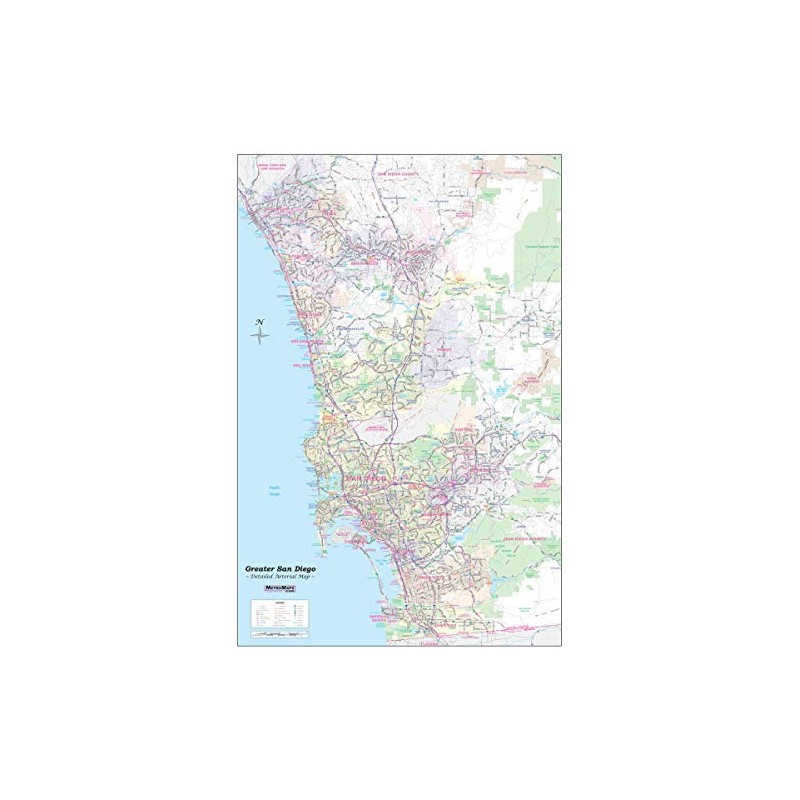 Greater SAN DIEGO California Wall Map Plain *Laminated* SMALL 24"x36"