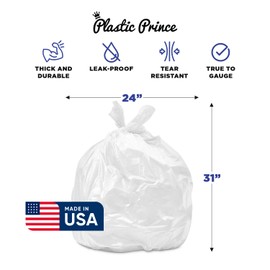 PLASTIC PRINCE (200 Pack) 13 Gallon Trash Bags, 12-16 Gallon White Kitchen Bags, 1.5 Mil, Heavy Duty, Fits Round and Square 12-16 gal Trash Cans, 24" x 31" Garbage Trash Can Liners