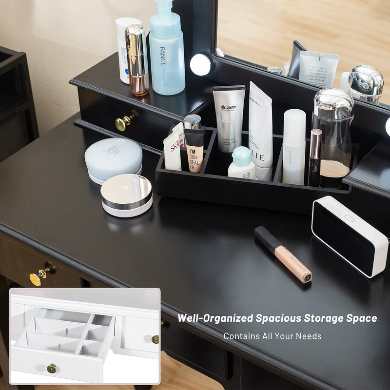 Caroeas Vanity, Tri-Fold Makeup Vanity with Mirror, Lights and Padded