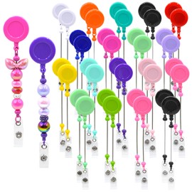30pcs Colorful Beadable Badge Reels Making Kits - Beaded Blank Bars Bulk - Retractable Badge Reel with Belt Clip for ID Name DIY Gift Beadable Items for Nurses, Teachers, Students, Office, Workers