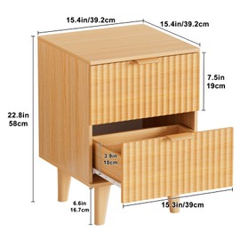 Urban Deco Fluted Nightstand with Storage, Mid Century Modern Nightstand, Wooden Side Table with 2 Fluted Drawers, End Table with Solid Wood Legs for Bedroom,15.4 x 15.4 x 22.8 in (Natural)