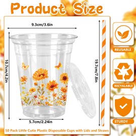 JarThenaAMCS 50 Pcs Fall Sunflower Plastic Cups with Lids and Straws Watercolor Flower Butterfly Clear Plastic Cups 12oz Disposable Cups for Summer Autumn Thanksgiving Party Supplies