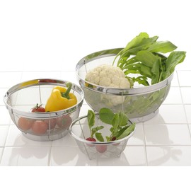 Yoshikawa SH6999 Mizulead II Colander, 3-piece Set, Silver, 5.9, 7.5, 9.8 inches (15, 19, 25 cm), Stainless Steel, Made in Japan