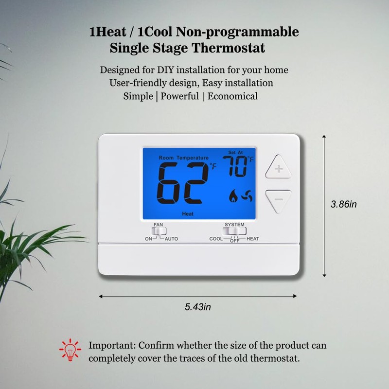 NonProgrammable Thermostat for House, Digital Energy-Saving Thermostat,Single-Stage Systems, 1 Heat/1
