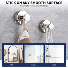 Neknock Suction Cup Hooks for Shower, Towel Hooks for Bathroom Kitchen Glass Mirror Tile, Stainless Steel Suction Hooks for Hanging Towel Coat Loofah Robe up to 15 lbs, 2 Pack (Chrome)