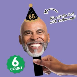 Big Dot of Happiness Custom Photo Adult Happy Birthday - Gold - Birthday Party Head Cut Out Photo Booth and Fan Props - Fun Face Cutout Paddles - Set of 6