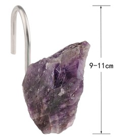 rockcloud Set of 4 Shower Curtain Hooks with Raw Crystal Stone, Stainless Steel Shower Hooks for Bathroom Shower Rod Home Decor, Amethyst Crystal
