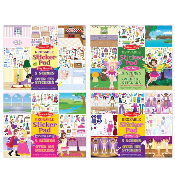 Melissa & Doug Reusable Sticker Pads Set: Fairies, Princess Castle, Play House, Dress-Up - 680+ Stickers