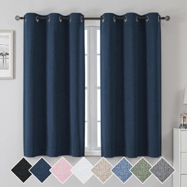 Chyhomenyc Short Blackout Curtains 45 Inches Long, 100% Blackout Linen Curtains for Bedroom, Thermal Insulated Noise Reducing Heavy Curtains for Living Room, Navy Blue, 40Wx45L, 2 Panels