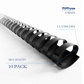 TOTiyea 19 Ring Plastic Binding Combs, 1-1/2 Inch Diameter, 320 Sheet Capacity, Letter Size, Black Comb Binding Spines (10 Pack)