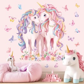 decalmile 2 Large Size Unicorn Wall Decals Unicorn Flower Butterfly Wall Stickers Baby Nursery Kids Room Girls Bedroom Wall Decor
