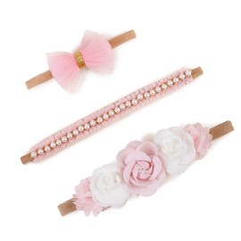 NUWAJP Baby Girl Headbands and Bows, 3 Pcs Soft Flower Nylon Elastic Hair Bands Headband Bow Cute Hair Accessories for Infant Toddler