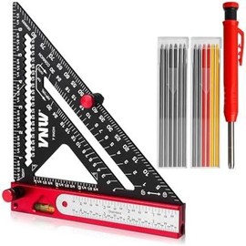 6 in 1 Rafter Square with Carpenter Pencil, 7in Rafter Square Multi-Purpose Carpenter Tools:Square,Protractor, 1/16" Precision Steel Ruler,Marking Gauge,T-Bevel Gauge,Bubble Level - Color: Red, Size: with pencil