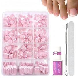 French False Toenails Kit - 240pcs Short Square Pink Toe Nails False With Glue - Glossy White French Tip Fake Toe Nails - Full Cover Stick On Toenails For Women Girls Nail Art Gift Manicure