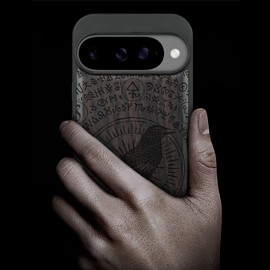 Carveit Wood Case for Pixel 10, (The Haloed Crow) Blackwood