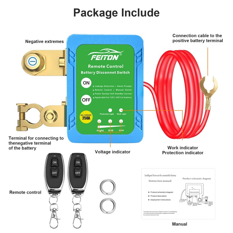 FEITON Remote Battery Disconnect Switch, 250A Intelligent Cut Off 12V