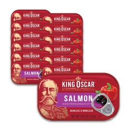 King Oscar Premium Salmon in Olive Oil, Mediterranean Style, 4.05-Ounce Cans (Pack of 12, Packaging May Vary), Skinless & Boneless Salmon