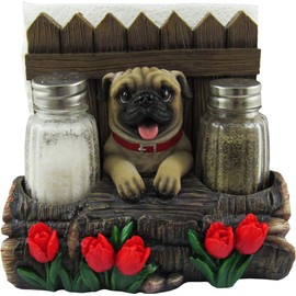 DWK - Pugsley's Feast - Adorable Pug with Red Tulips Napkin Salt & Pepper Shaker Holder Puppy Dog Home Décor Kitchen Accessory Dining Accent 3-Piece Set, 6-inch'