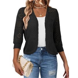 REDHOTYPE Women's 3/4 Sleeve Cardigan Open Front Cropped Shrugs Summer Hollowed Lightweight Cardigans Sweater,Black,Large