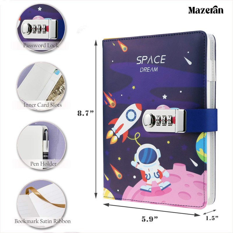 Mazeran Combination Lock Journal, PU Leather Hard Cover Space Astronaut