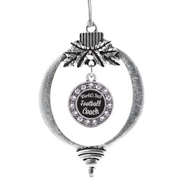 Inspired Silver - World's Best Football Coach - Silver Christmas Ornament - Circle Charm Christmas Tree Ornament with Cubic Zirconia - Holiday Hanging Decoration