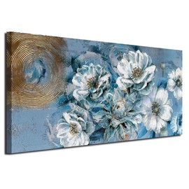 Ardemy Teal Flowers Canvas Wall Art Magnolia White Floral Picture Gold Textured Grey Blue Painting Turquoise Artwork Framed for Living Room Bedroom Bathroom Home Office Wall Decor, Large Size 40"x20"