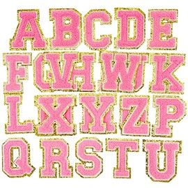 Jongdari Letter Patches Varsity Chenille Iron on Letters Patchs for Clothing English Letter A-Z with Gold Glitters Border, 26pcs Pink