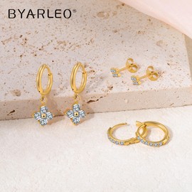 Surgical Steel Small Stud Bow Clover Butterfly Drop Dangle Huggie Hoop CZ Stud Earrings Set 14K Gold Plated Hypoallergenic Earrings for Women Waterproof and Non Tarnish