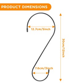 6 Pack 12 Inch Black Heavy Duty S Hooks, Extra Large Rust-Proof Metal Hangers for Bird Feeder, Planters Baskets, Lanterns, Wind Chimes, Kitchen, Office, Garden, Camping, Pan, Cups, Bags and Jeans