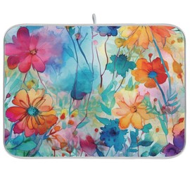 Colorful Beautiful Flowers Dish Drying Mat for Kitchen Counter Absorbent Microfiber Dish Drying Pad Drainer Mat, Medium 40x46 cm