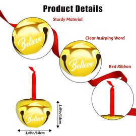 FOIMAS 12pcs 1.6 Inch Believe Bell Ornament Metal Christmas Sleigh Bells with Red Ribbon for Christmas Tree Holiday Decoration,Gold