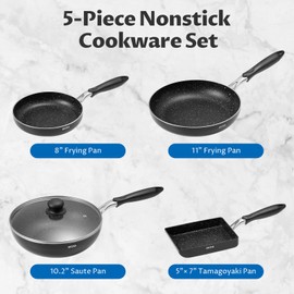 Induction Pots and Pans 5 Piece, Stay-Cool Handle Nonstick Pots and Pans Set, Dishwasher Safe Kitchen Cooking Pan, Non Stick Pans for induction Cooktop, Suitable for All Stovetops, Black