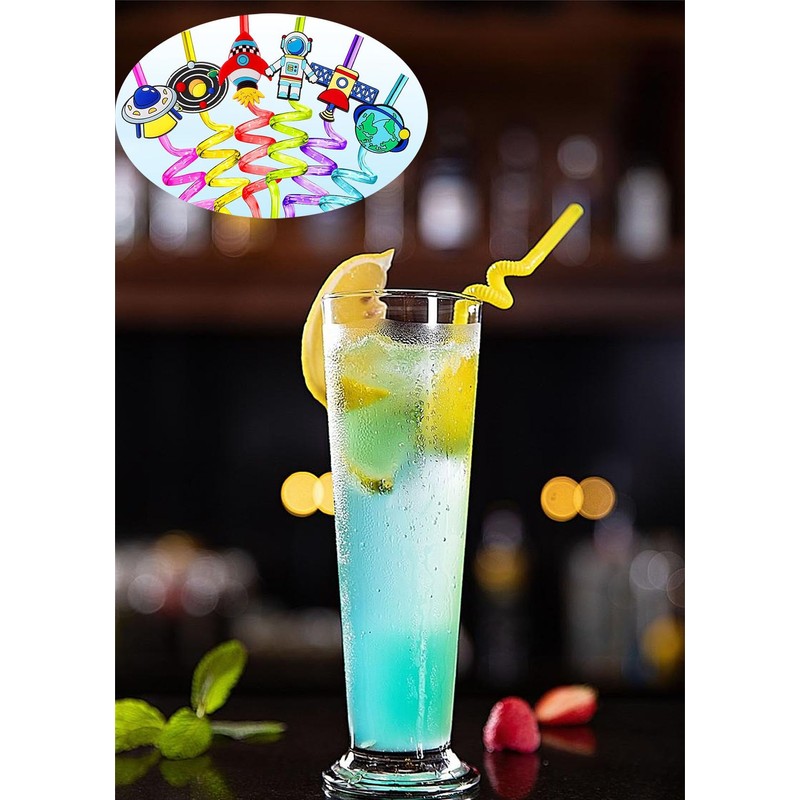 12pcs (6 Styles) Drinking Plastic Straws Reusable Outer Space Design