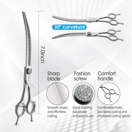 FOGOSP 7.0'' Curved Chunkers Shears for Dog Grooming Professional Magic Grooming Scissors with Big Artificial Diamonds 30 Teeth for Large Dogs(7.0 in, Curved Chunkers)
