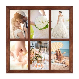 MOUDAMION 4x6 Oak Wood Picture Frames Collage Wall Decor Brown, Solid Oak Wooden Family Photo Collage Frame 6 Openings, Glass Front, Wall Hanging Display 6 4x6 Pictures