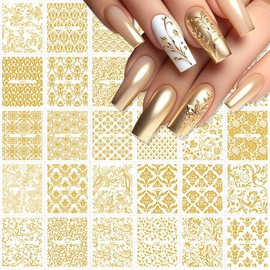 30 Sheets Gold Nail Art Stickers 3D Self Adhesive Lace Flower Nails Decals Hollow Retro Floral Nail Stickers Nail Supplies Luxury Nail Art Design for Women DIY Acrylic Nails Decoration