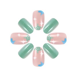 Summer Press On Nails Short Almond Fake Nails Blue False Nails With Ocean Star Designs Acrylic Nails Press Ons Full Cover Glue On Nails Short Glossy Stick On Nails For Women Girls