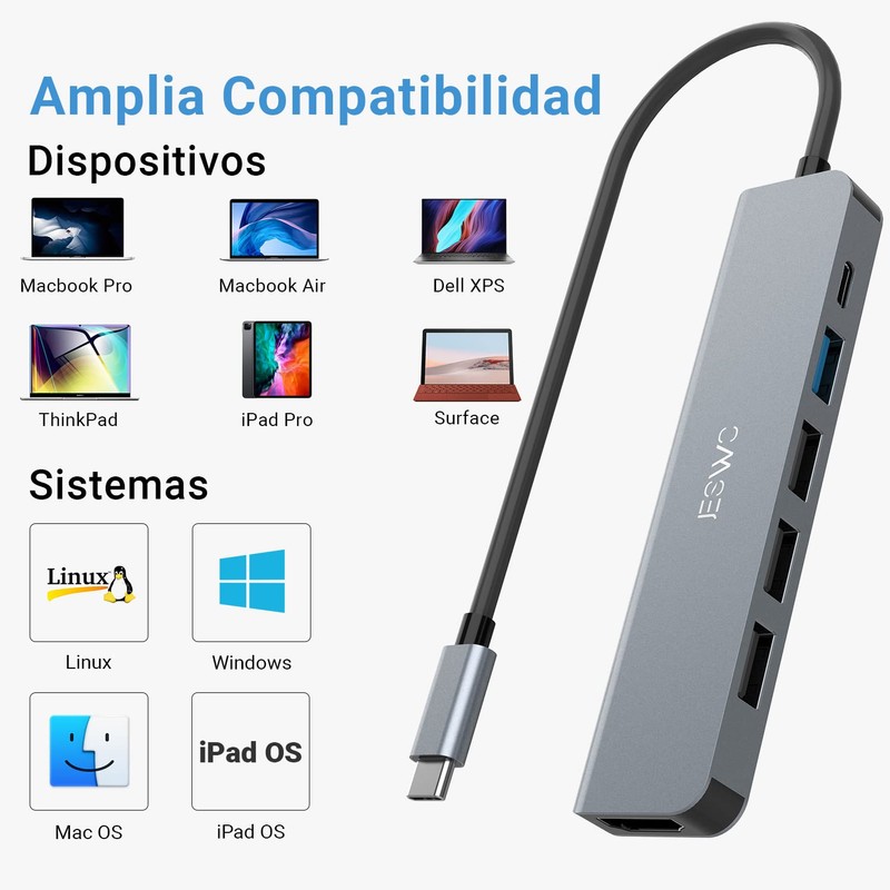 JESWO USB C HUB, 6 en 1 Adaptador Multipuerto USB