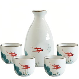 Old Craftsmen's Japanese Sake Set 5 Pieces Traditional Sake Cup Set 4 Sake Cups 50ml and Sake Bottle 350ml Hand Painted Design Porcelain Pottery Ceramic Soju Cups Saki Glasses (Gold Fish)