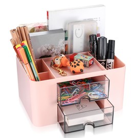 Desk Organiser Drawers, Desk Organiser with Drawer, Office Desk Supplies Organizer, Plastic Table Desktop Stationary Organiser Storage Pen Holder with 5 Compartments for School Office Home, Pink