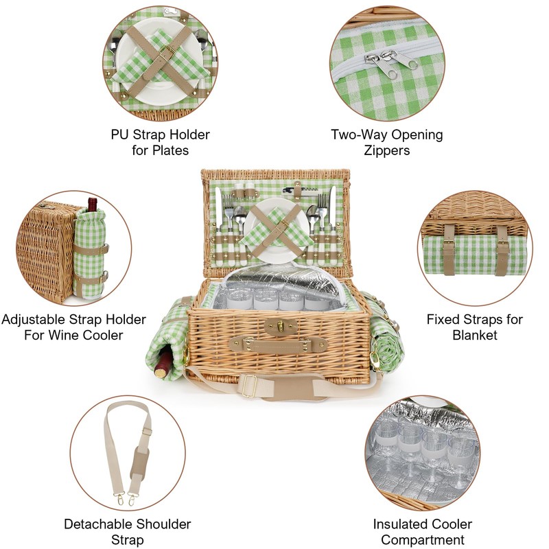 Picnic Basket for 4, Insulated Willow Picnic Baskets with Shoulder