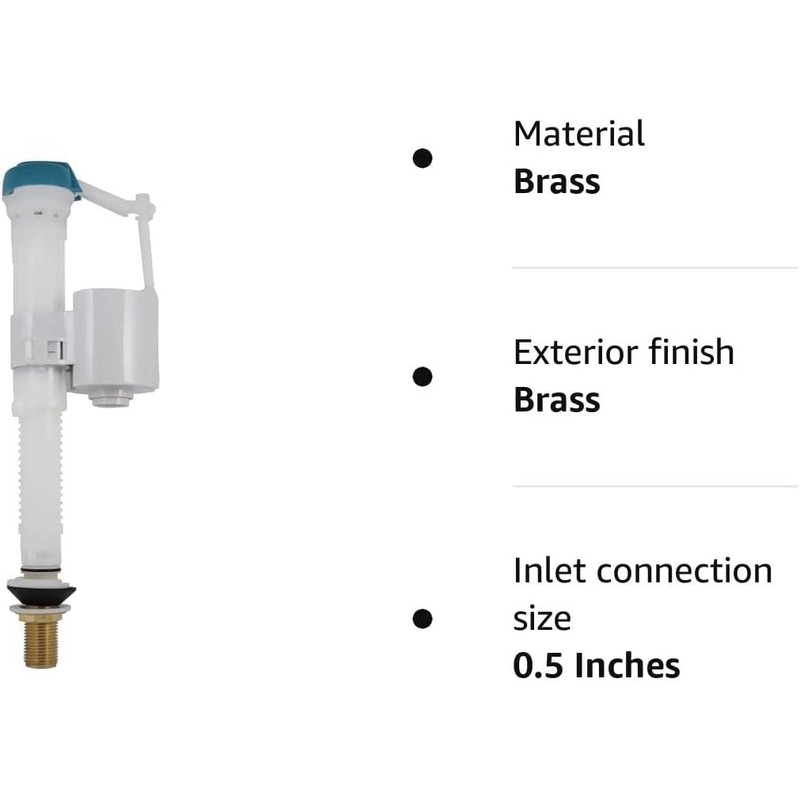 Toilet Cistern Fill Valve, Inlet Valve, 1/2" Brass Tail, Bottom